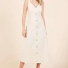 Stretch Twill Decor Button Sleeveless Midi Dress - Sand