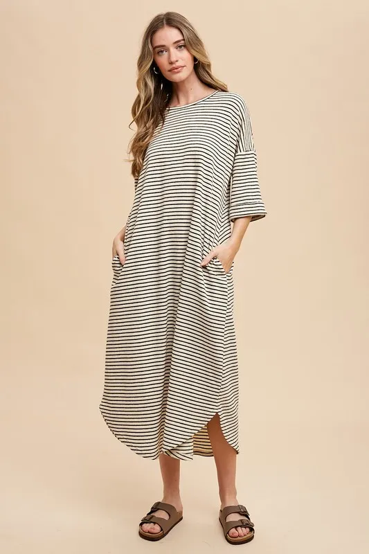 Striped Round Neck Terry Midi Dress - Black