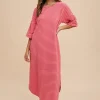 Striped Round Neck Terry Midi Dress -  Hot Pink/Red