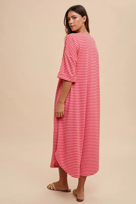 Striped-Round-Neck-Terry-Midi-Dress-Hot-PinkRed-3