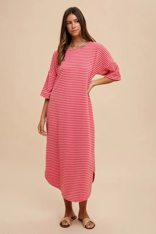 Striped Round Neck Terry Midi Dress -  Hot Pink/Red