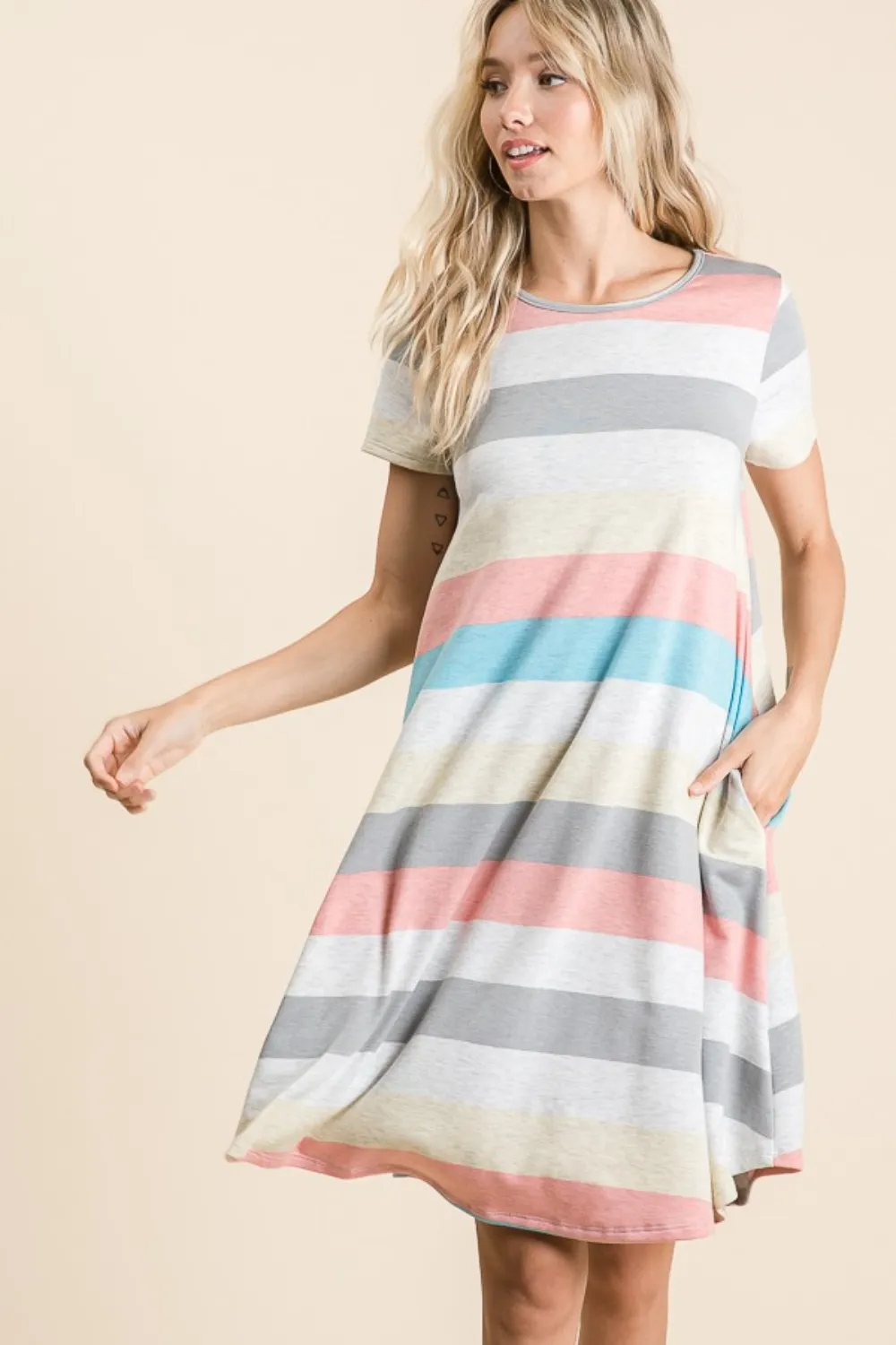 Striped Short Sleeve Dress with Pockets - Stripe
