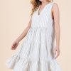 Striped Sleeveless V-Neck Tiered Dress - Off White