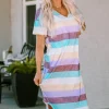 Striped V-Neck Curved Hem Midi Dress - Purple
