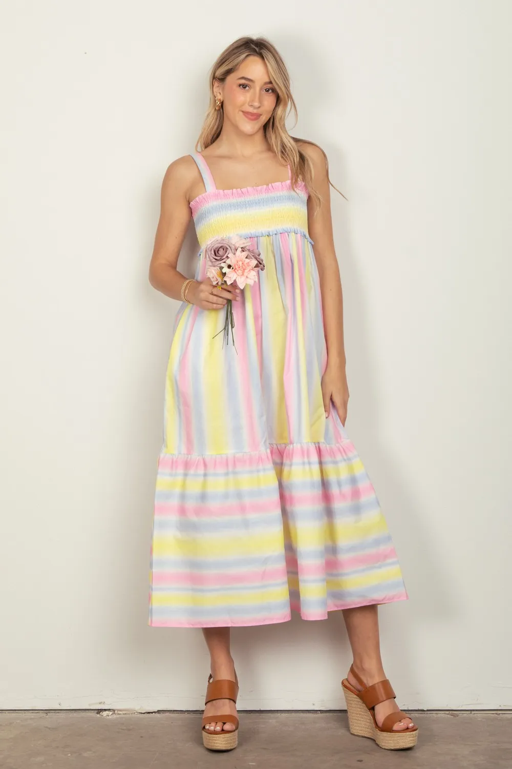 Striped Woven Smocked Midi Cami Dress - Pinkcombo