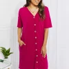 Sunday Brunch Button Down Knee-Length Dress in Magenta - Deep Purple