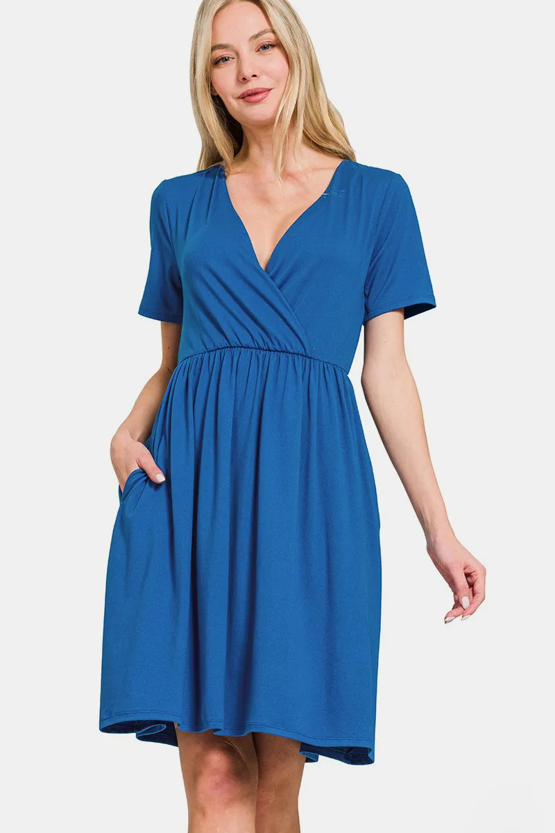 Surplice Short Sleeve Brushed DTY Dress - Classic Blue