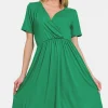 Surplice Short Sleeve Brushed DTY Dress - Green