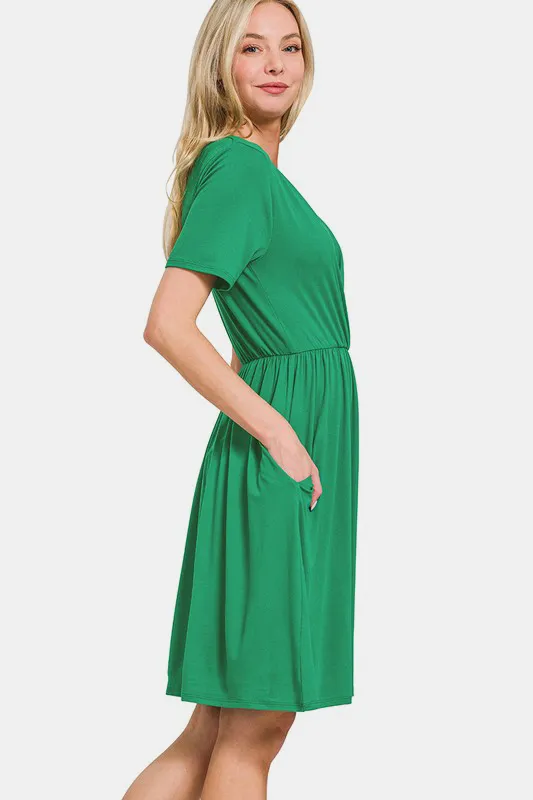 Surplice-Short-Sleeve-Brushed-DTY-Dress-Green-3
