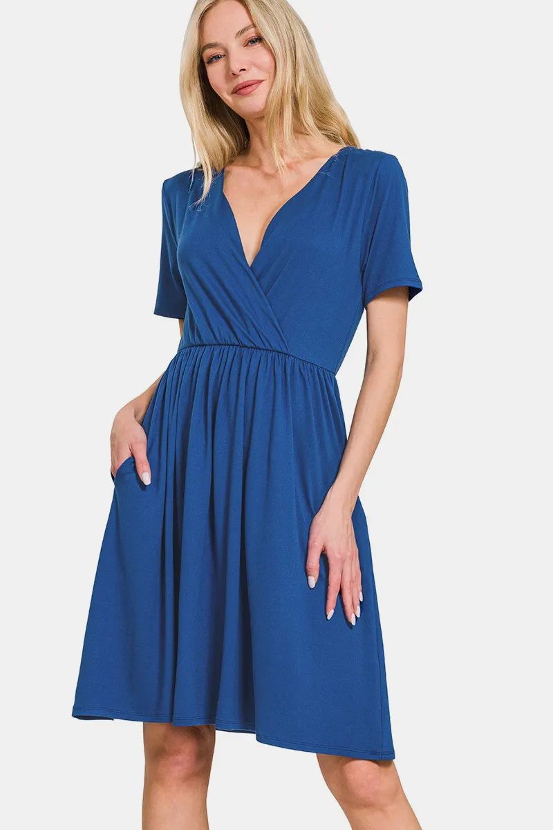 Surplice Short Sleeve Brushed DTY Dress - Navy