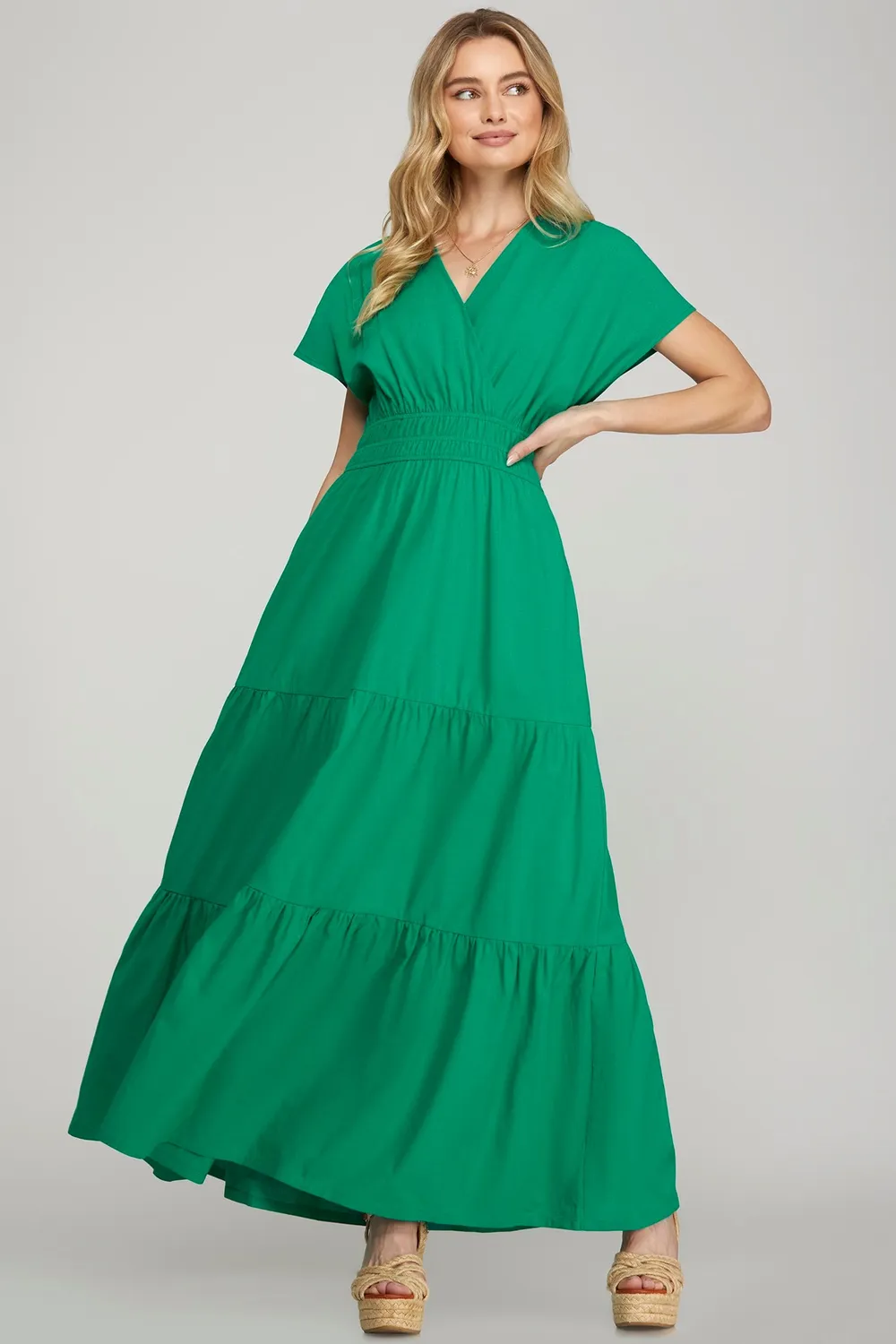 Surplice-Short-Sleeve-Tiered-Maxi-Dress-With-Pockets-Green-1
