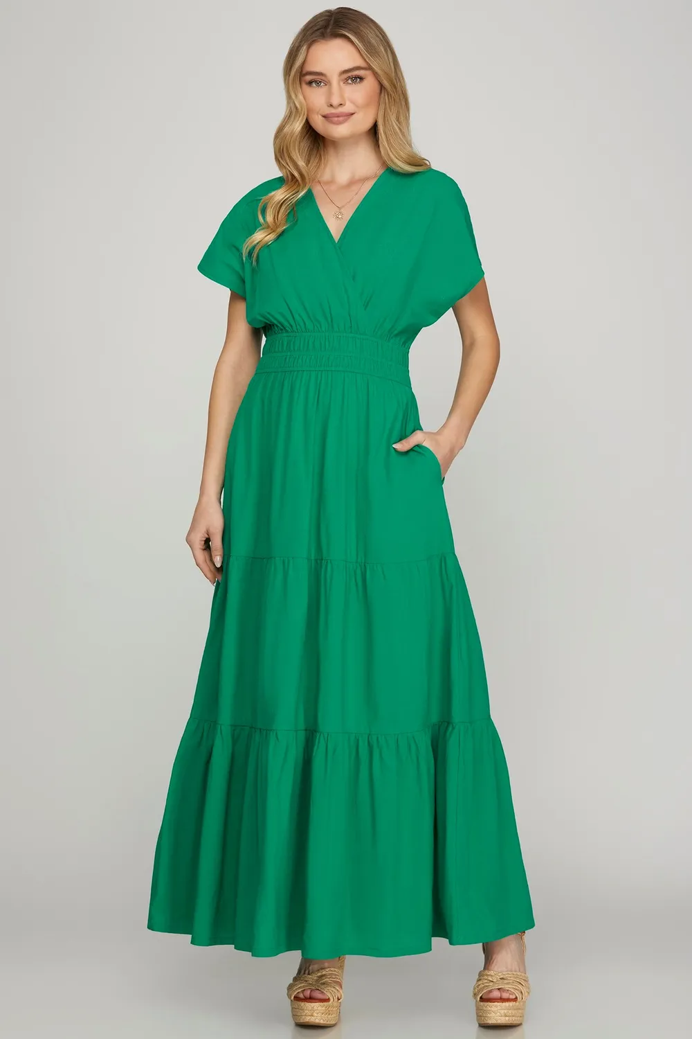 Surplice-Short-Sleeve-Tiered-Maxi-Dress-With-Pockets-Green-2