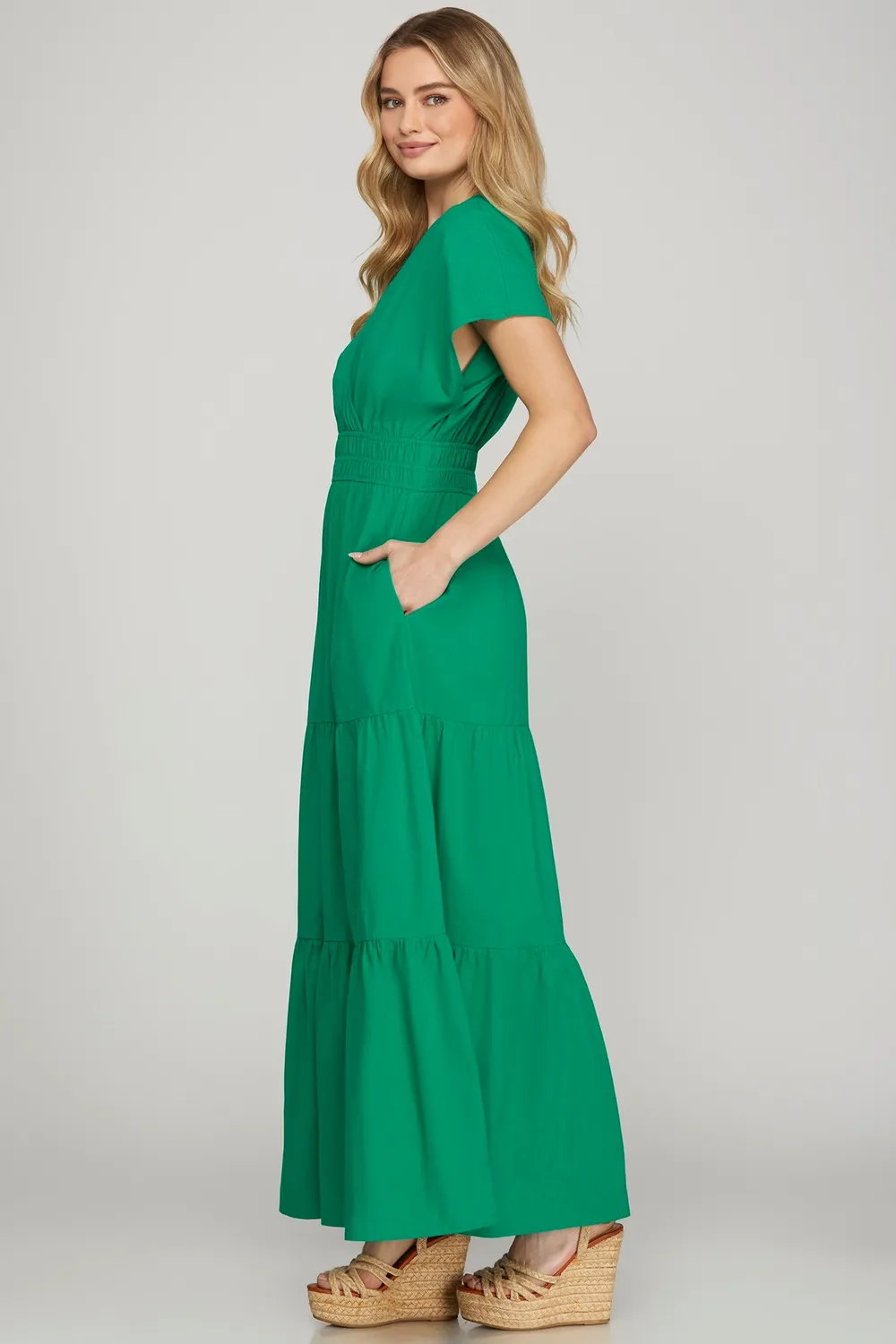 Surplice-Short-Sleeve-Tiered-Maxi-Dress-With-Pockets-Green-3