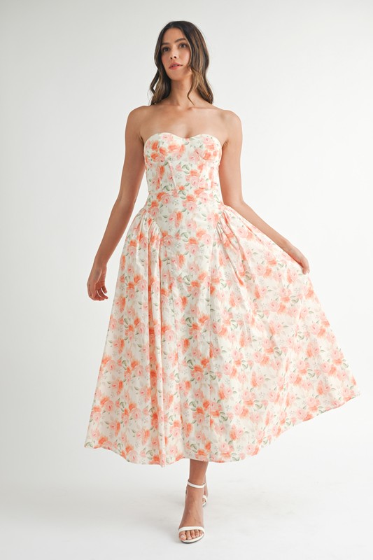 Sweetheart Neckline Floral Printed Midi Dress - Orange