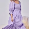 Swiss Dot Flounce Sleeve Smocked Tiered Midi Dress - Lavender
