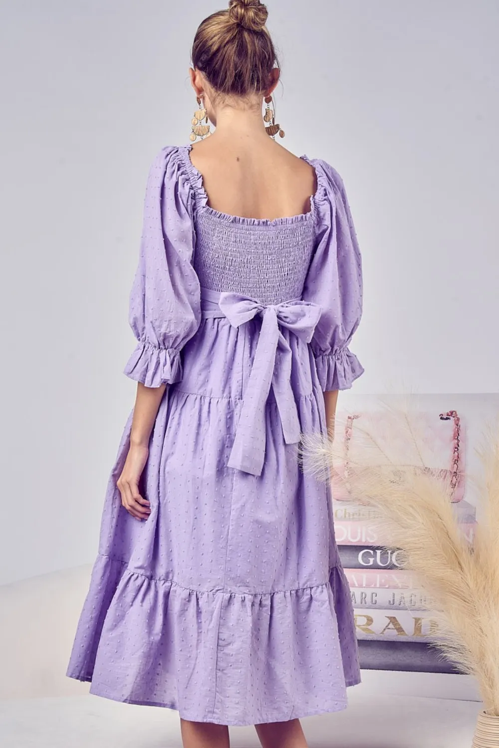 Swiss-Dot-Flounce-Sleeve-Smocked-Tiered-Midi-Dress-Lavender-2