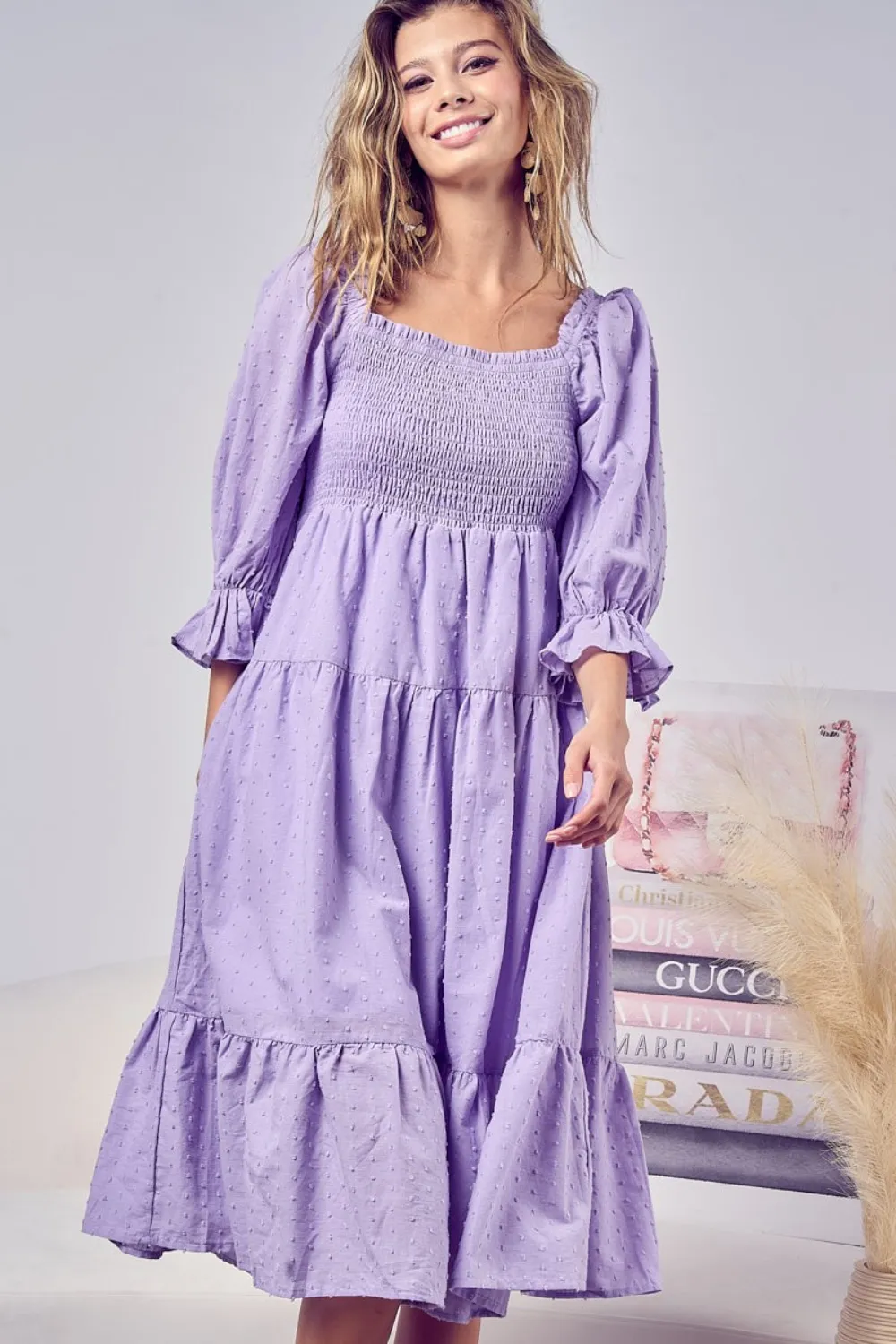 Swiss-Dot-Flounce-Sleeve-Smocked-Tiered-Midi-Dress-Lavender-3