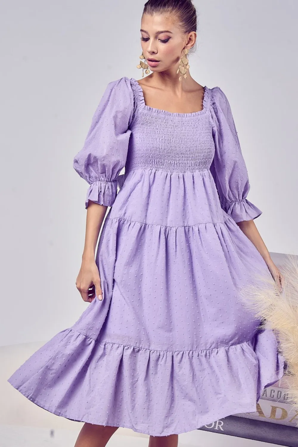 Swiss-Dot-Flounce-Sleeve-Smocked-Tiered-Midi-Dress-Lavender-4