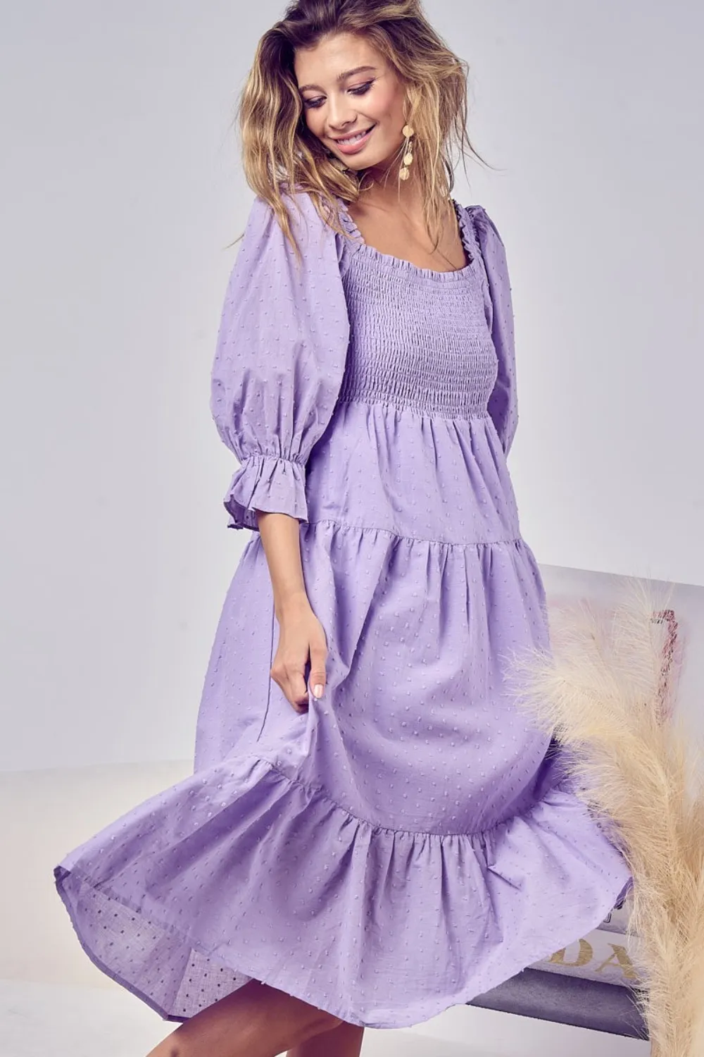 Swiss Dot Flounce Sleeve Smocked Tiered Midi Dress - Lavender