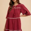 Tassel Contrast Trim Tie Neck Half Sleeve Tiered Dress - Burgundy