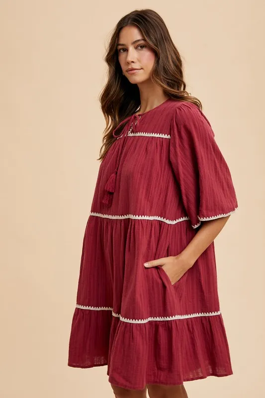 Tassel-Contrast-Trim-Tie-Neck-Half-Sleeve-Tiered-Dress-Burgundy-2
