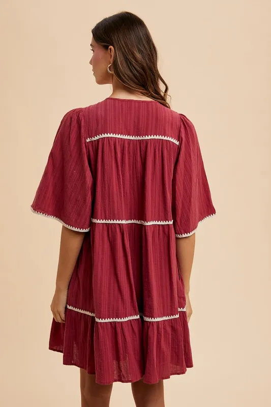 Tassel-Contrast-Trim-Tie-Neck-Half-Sleeve-Tiered-Dress-Burgundy-3