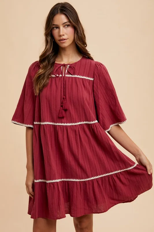 Tassel-Contrast-Trim-Tie-Neck-Half-Sleeve-Tiered-Dress-Burgundy-4