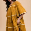 Tassel Contrast Trim Tie Neck Half Sleeve Tiered Dress - Mustard