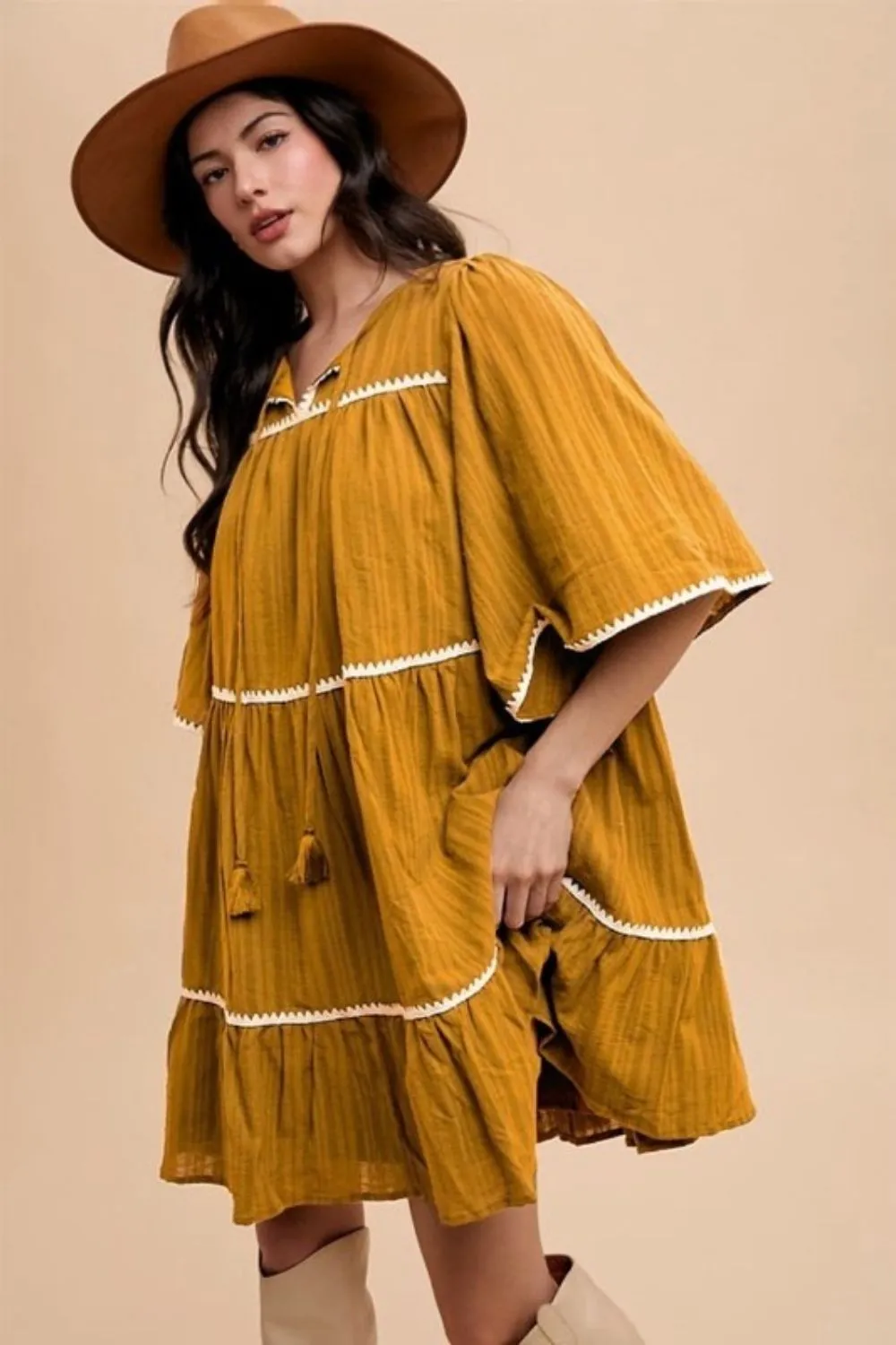 Tassel Contrast Trim Tie Neck Half Sleeve Tiered Dress - Mustard