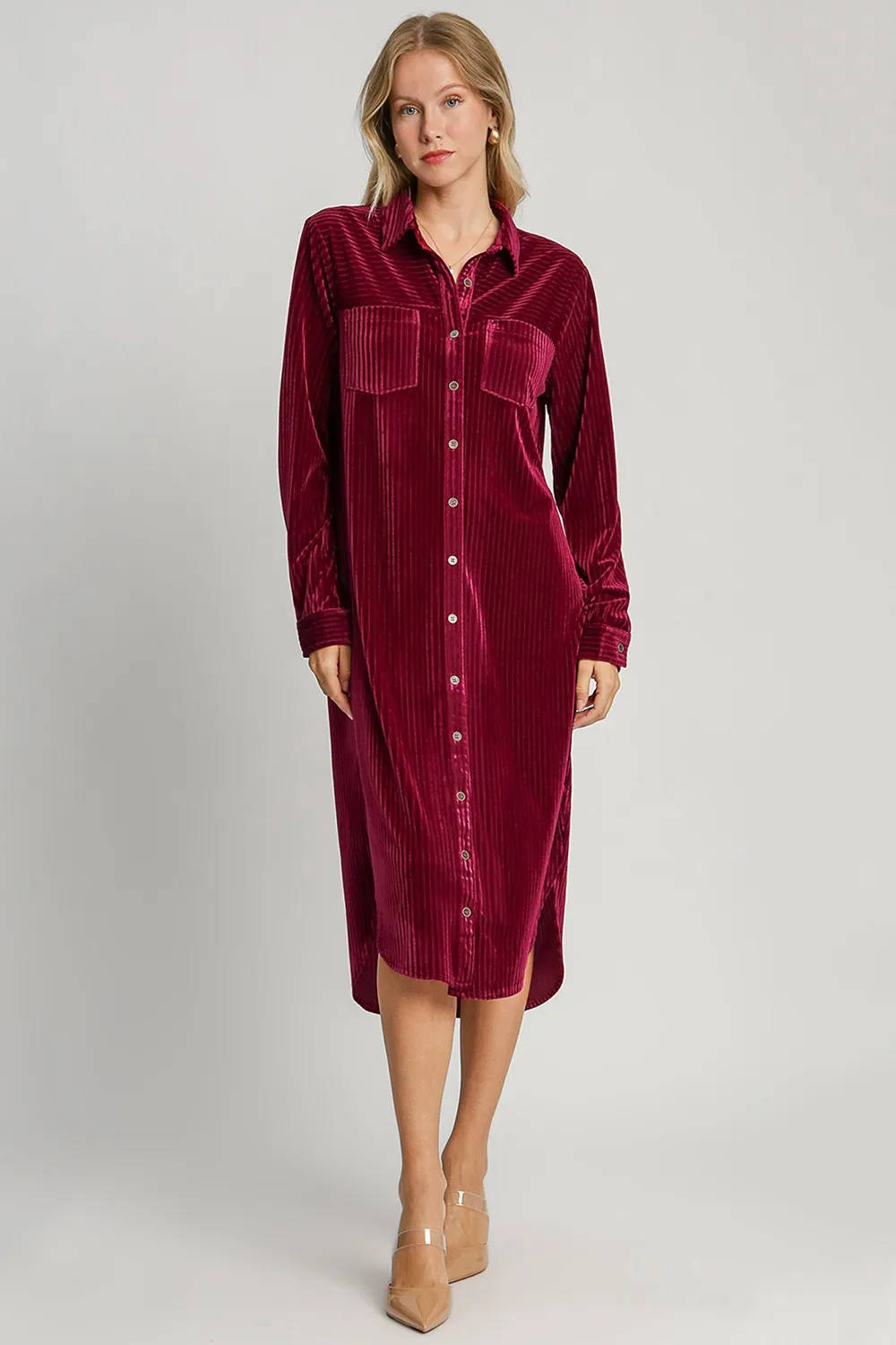 Texture Curved Hem Button Down Shirt Dress - Burgundy