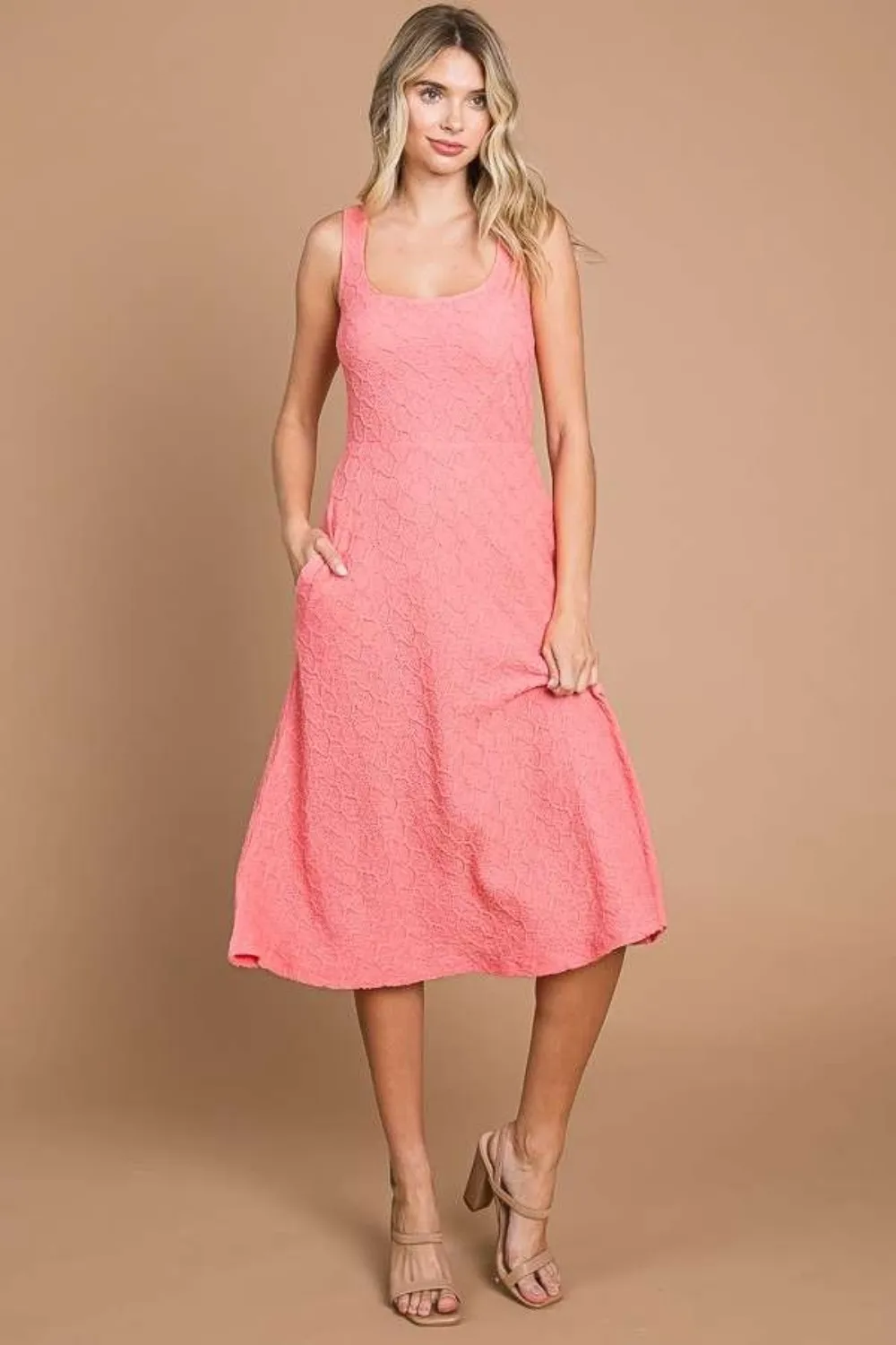 Texture Square Neck Tank Dress with Pockets - Happypink
