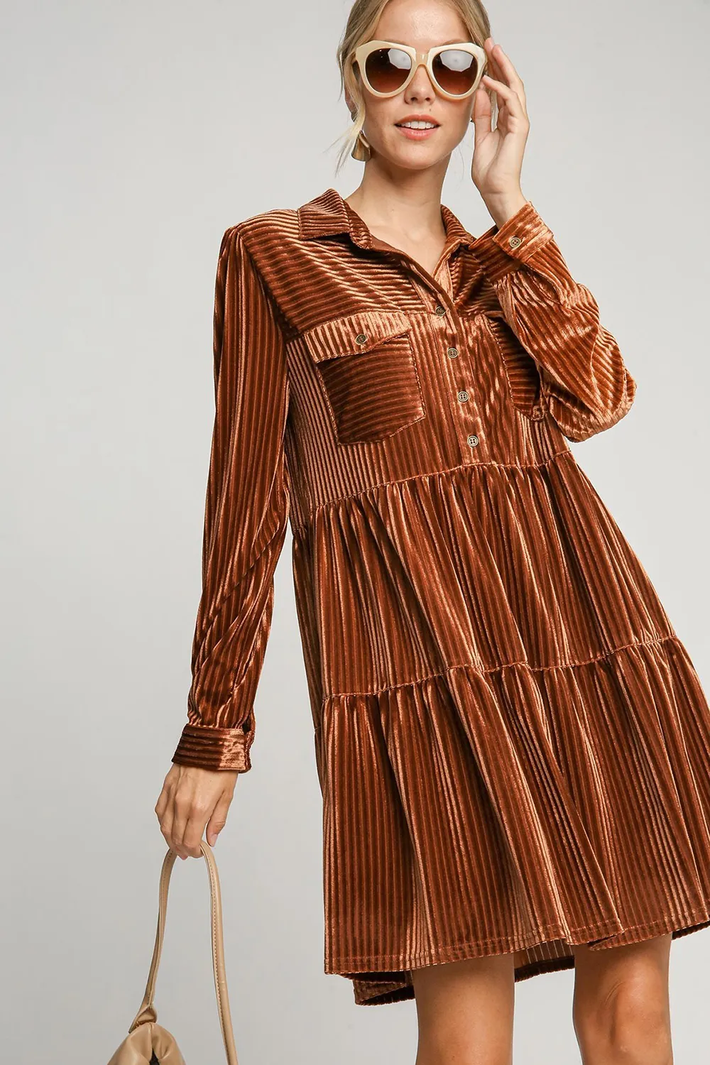 Texture Tiered Collared Long Sleeve Dress - Copper