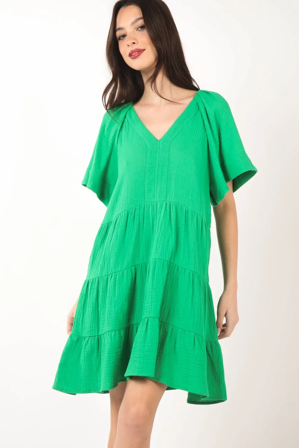 Texture V-Neck Ruffled Tiered Dress - Green