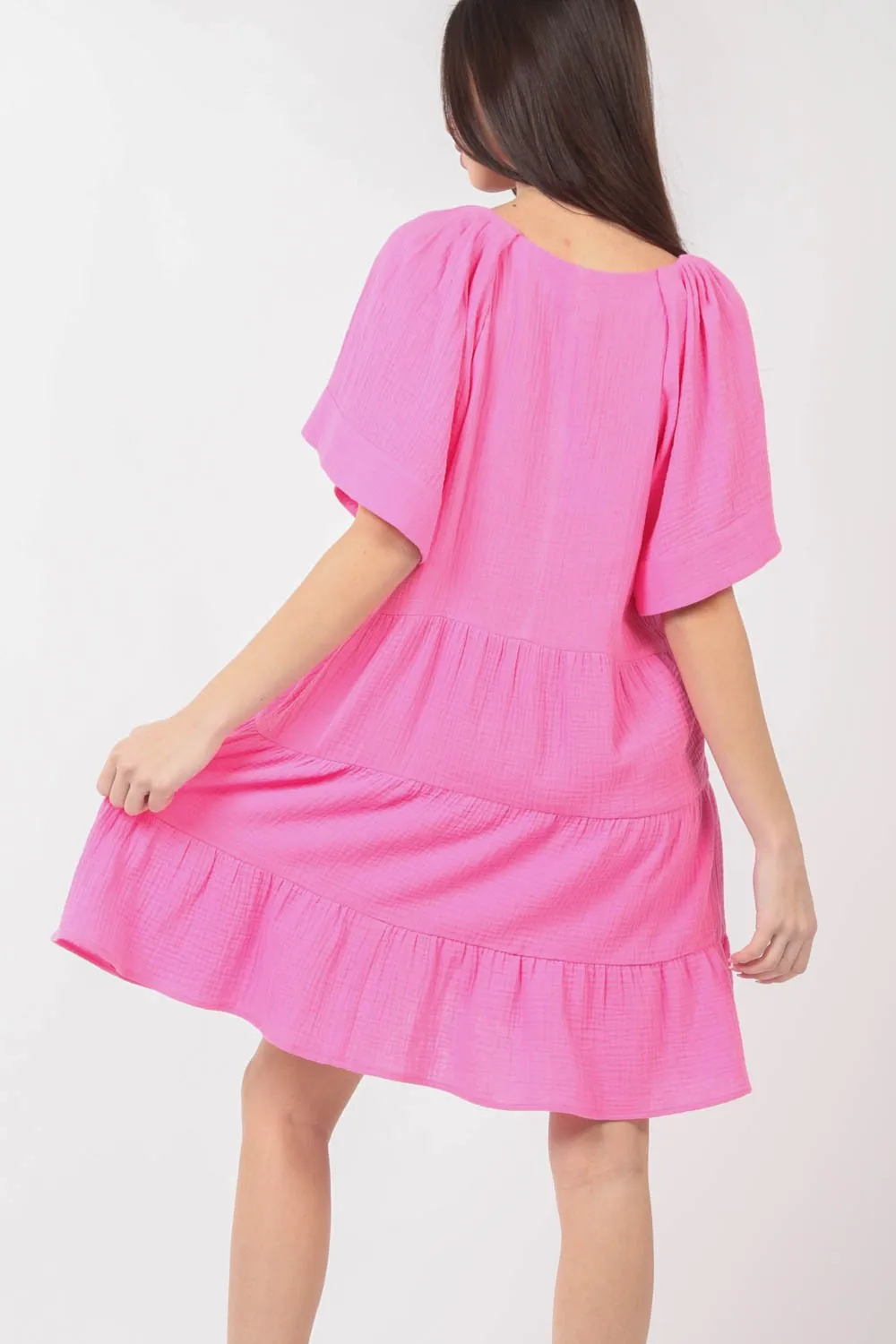Texture-V-Neck-Ruffled-Tiered-Dress-Pink-2