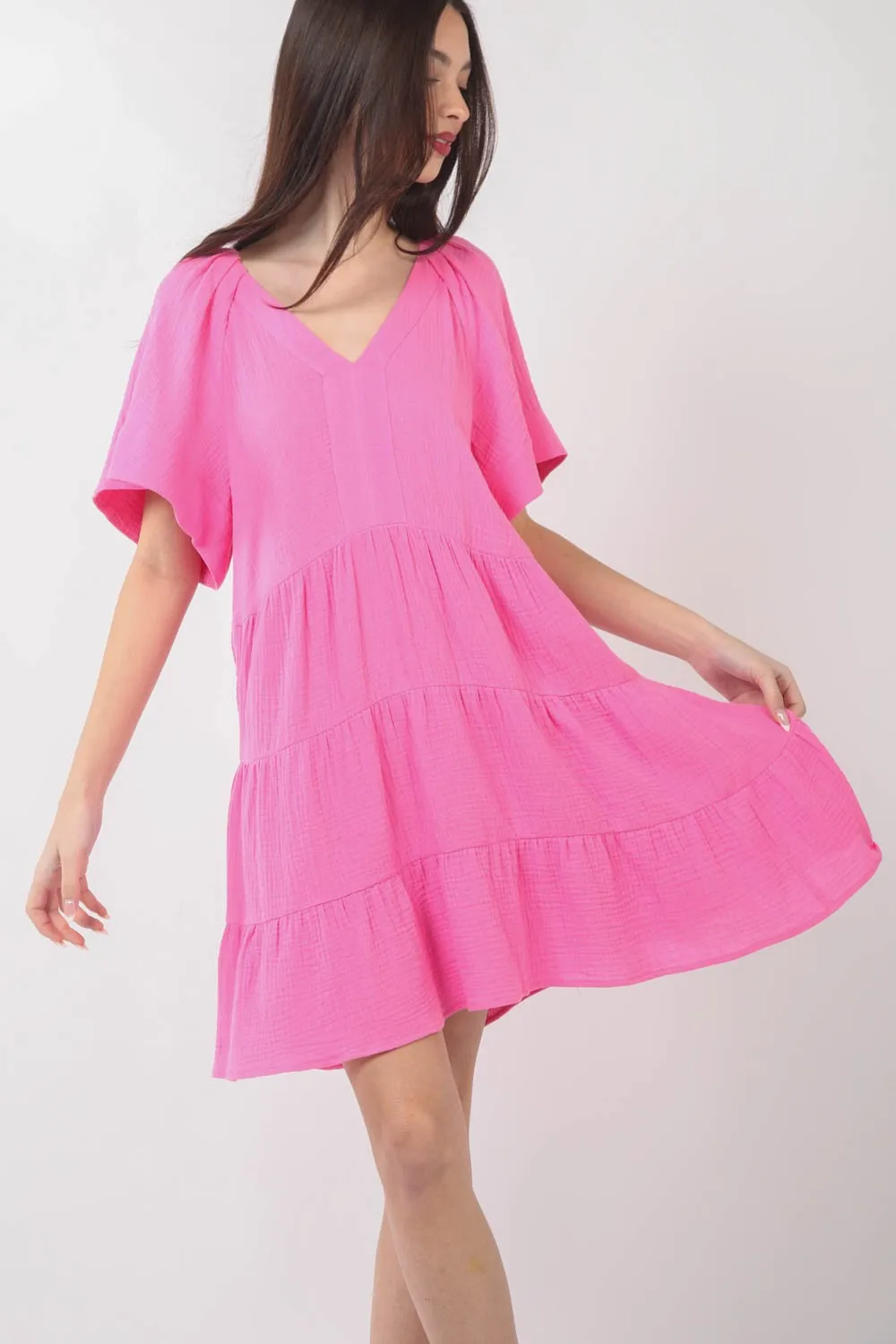 Texture-V-Neck-Ruffled-Tiered-Dress-Pink-3