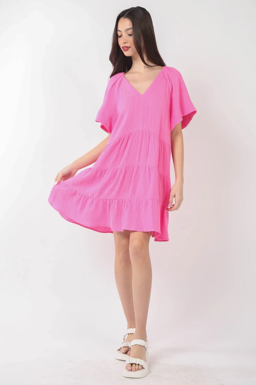 Texture-V-Neck-Ruffled-Tiered-Dress-Pink-4