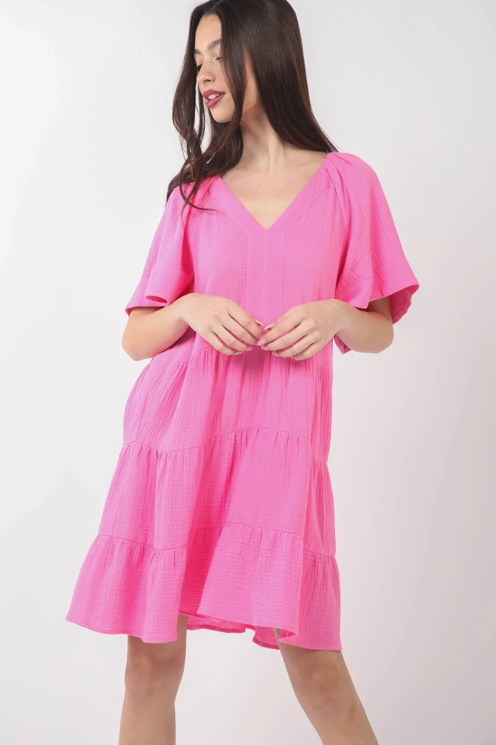 Texture-V-Neck-Ruffled-Tiered-Dress-Pink Texture V-Neck Ruffled Tiered Dress - Pink