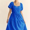 Textured Fabric Short Puff Sleeve Midi Dress - Cobalt