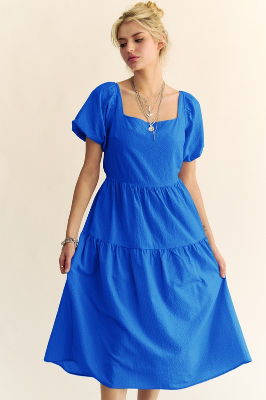 Textured Fabric Short Puff Sleeve Midi Dress - Cobalt