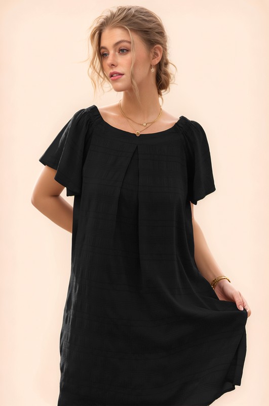 Textured Ruffle Boat Neck Shift Dress - Black