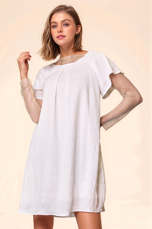 Textured Ruffle Off-Shoulder Pockets Shift Dress - White