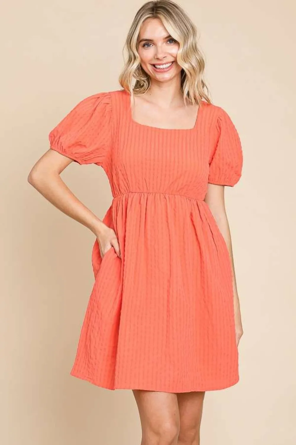 Textured Square Neck Short Sleeve Dress - Sugar Coral