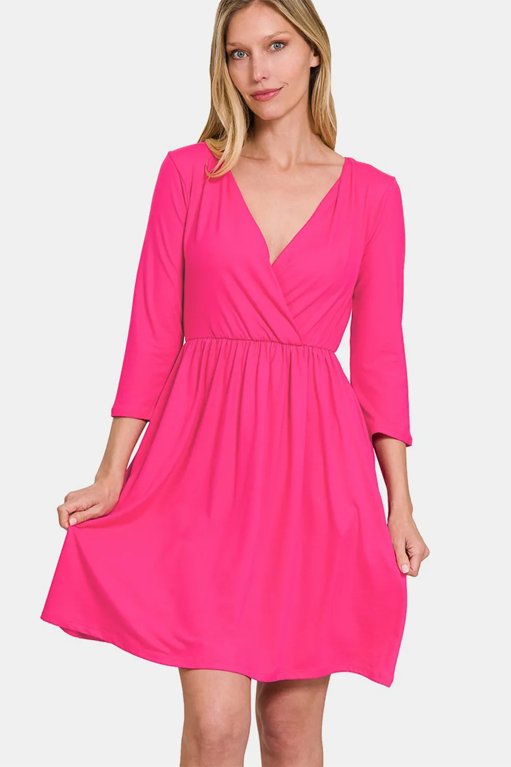Three-Quarter Sleeve Surplice Dress with Pockets - Hot Pink