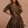 Tie Back Leopard Round Neck Short Sleeve Dress - Leopard