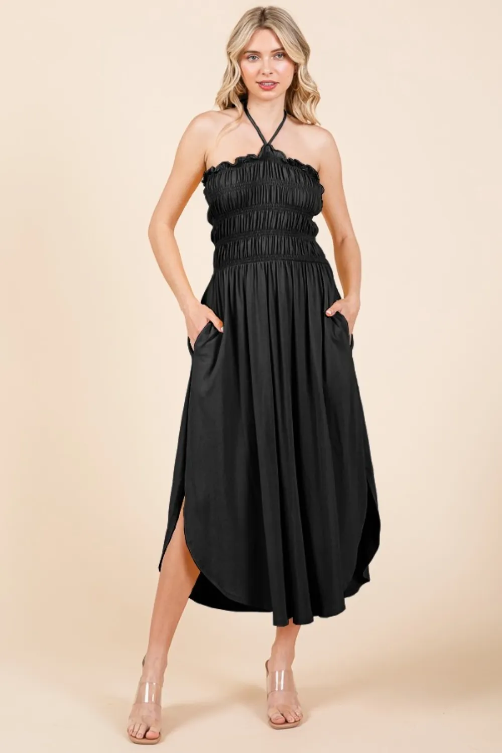 Tie Back Shirring Dress with Pockets - Black