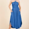Tie Back Shirring Dress with Pockets - Blue