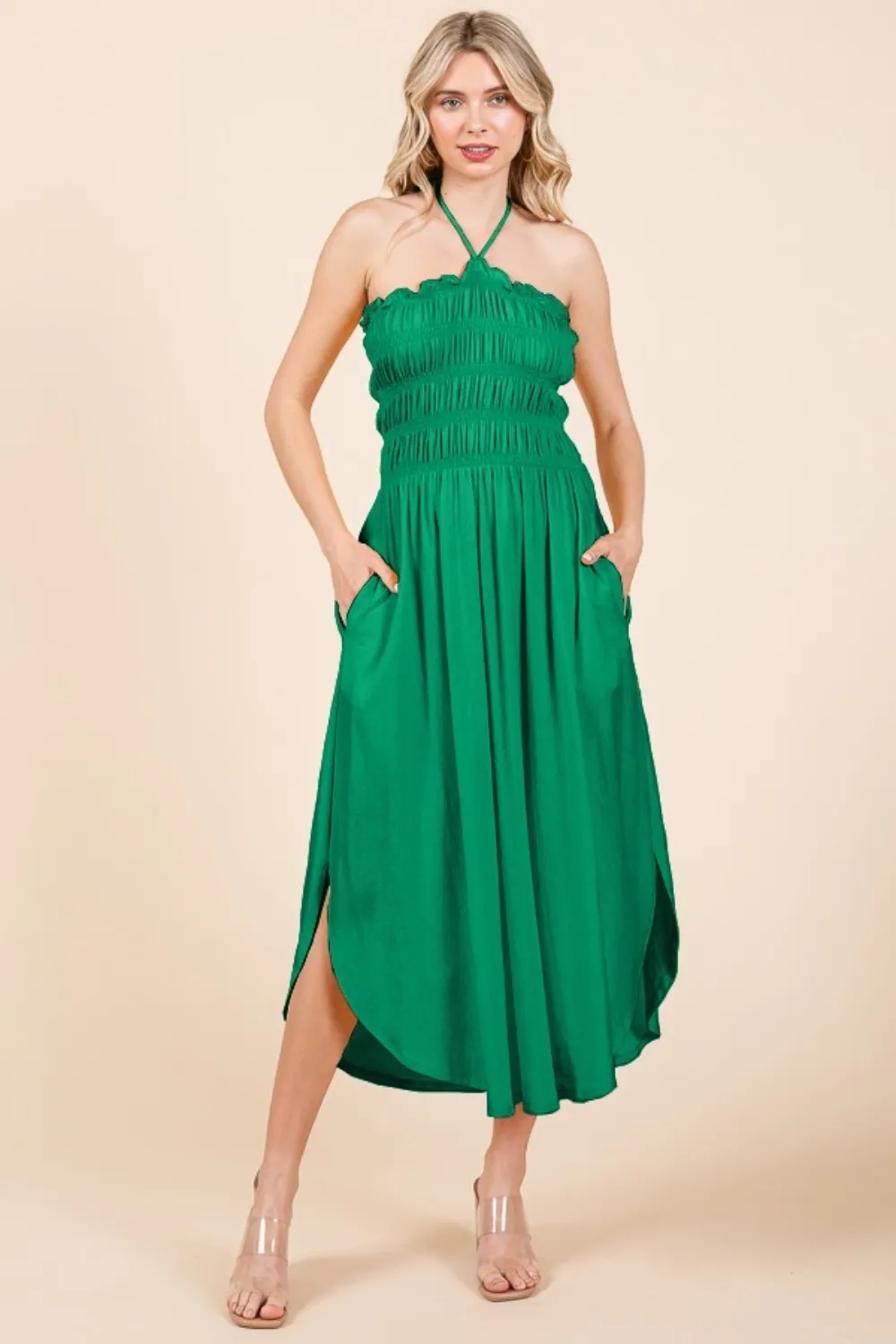Tie Back Shirring Dress with Pockets - Green Pop