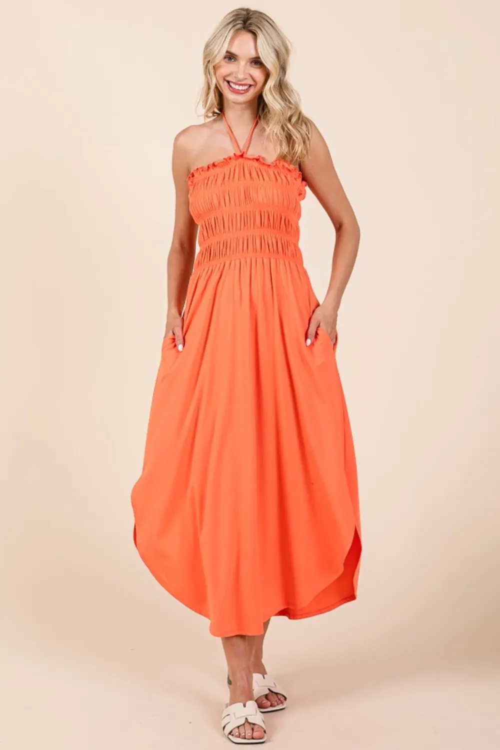 Tie Back Shirring Dress with Pockets - Living Coral