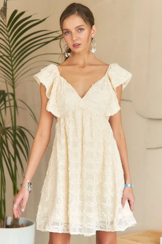 Tie-Back-V-Neck-Ruffle-Sleeve-Dress-Ivory Tie Back V-Neck Ruffle Sleeve Dress - Ivory