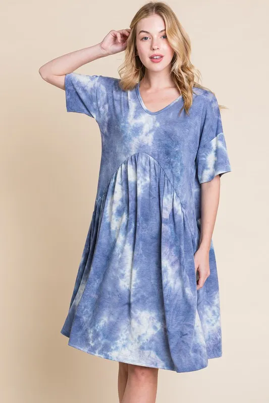 Tie-Dye V-Neck Half Sleeve Dress - Dusty Blue